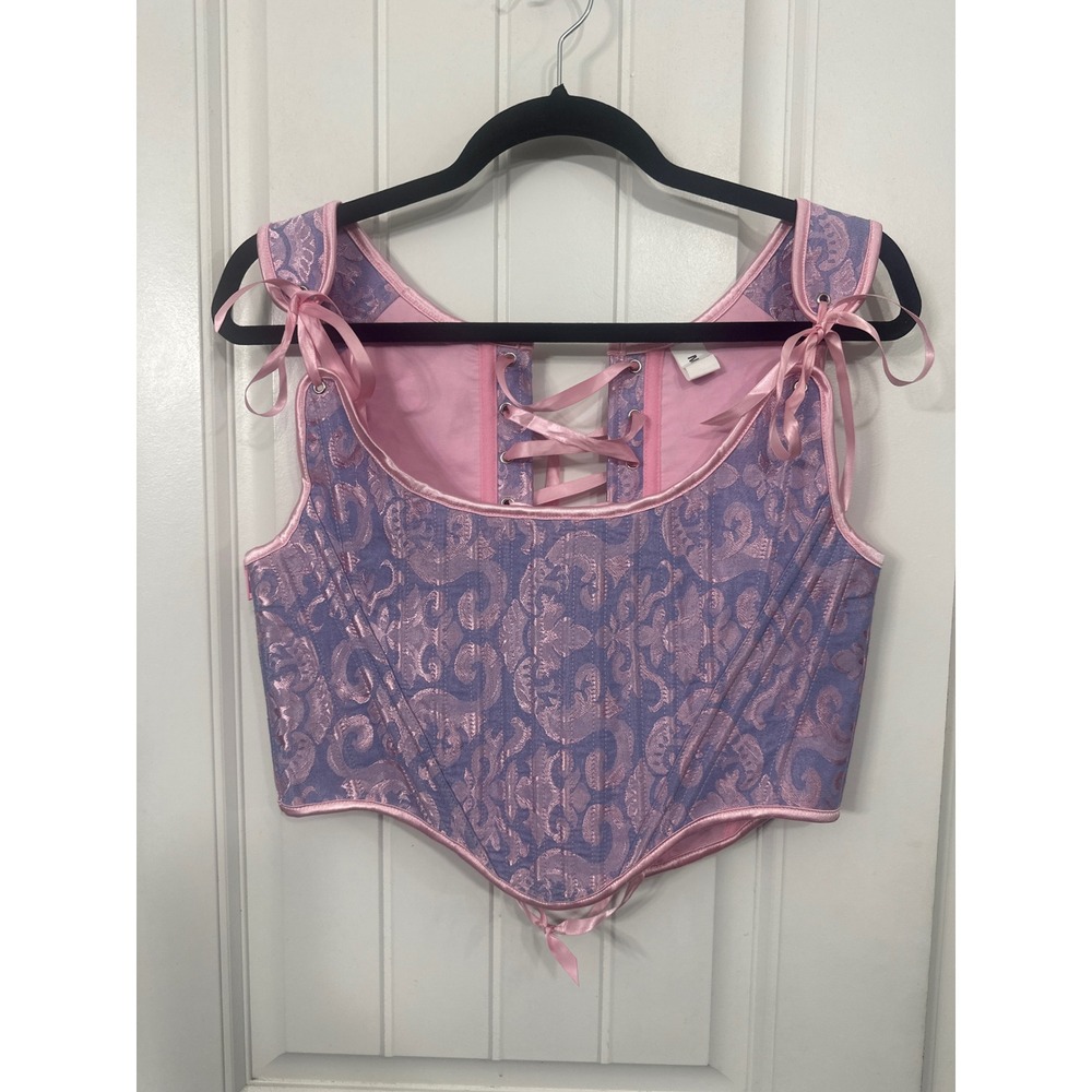 Lavender Pink Brocade Lace Up Corset Top Damask Floral Renaissance Bodice Medium